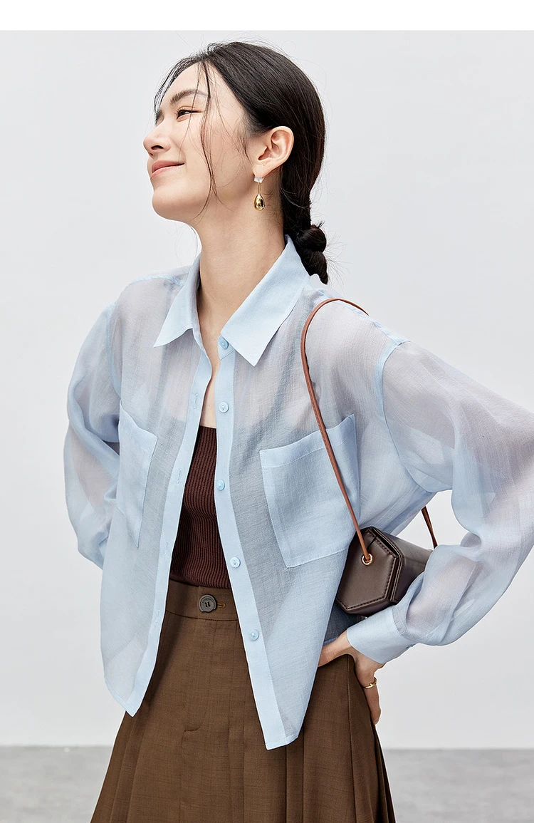 SENTUBILA Lyocell Women Shirt 2026 Spring Summer Lapel Neck Long Sleeve Crop Solid Pockets Lace-up Female Cozy Blouse 142C54323