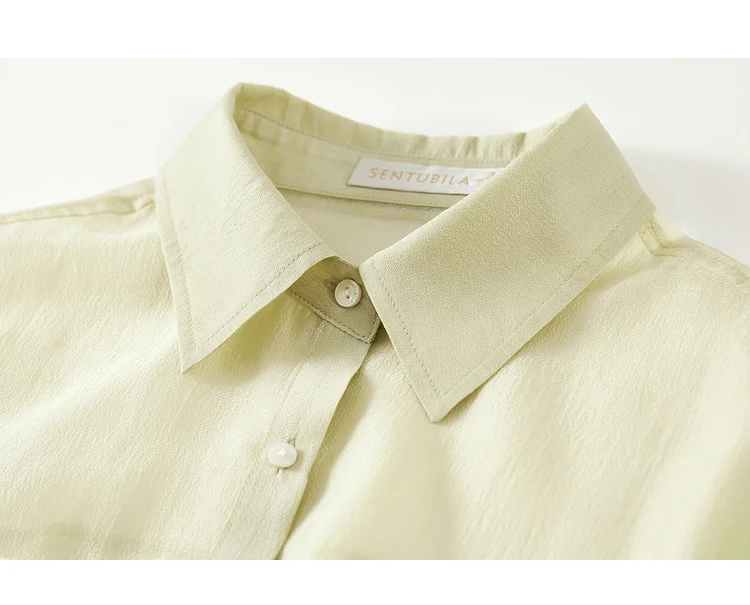 SENTUBILA Lyocell Women Shirt 2026 Spring Summer Lapel Neck Long Sleeve Crop Solid Pockets Lace-up Female Cozy Blouse 142C54323