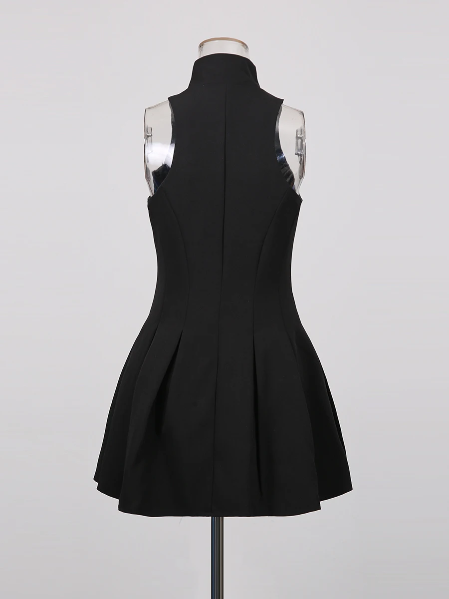 TWOTWINSTYLE Slimming Spliced Zipper Fashion Mini Dresses for Women High Neck Sleeveless High Waist Patchwork Folds Dress Female
