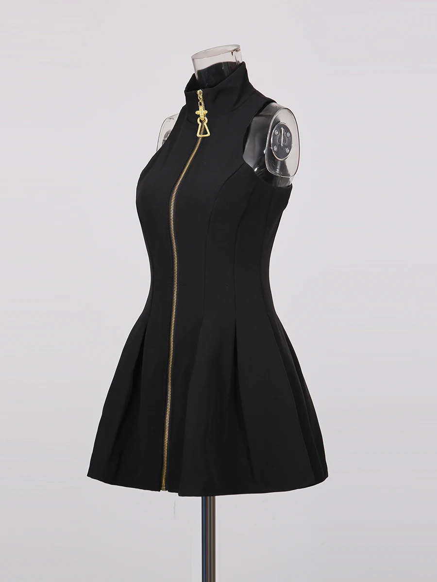 TWOTWINSTYLE Slimming Spliced Zipper Fashion Mini Dresses for Women High Neck Sleeveless High Waist Patchwork Folds Dress Female
