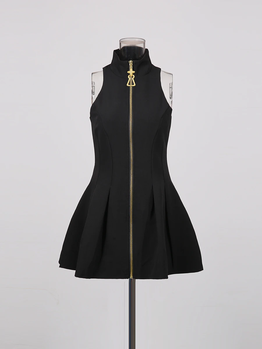 TWOTWINSTYLE Slimming Spliced Zipper Fashion Mini Dresses for Women High Neck Sleeveless High Waist Patchwork Folds Dress Female