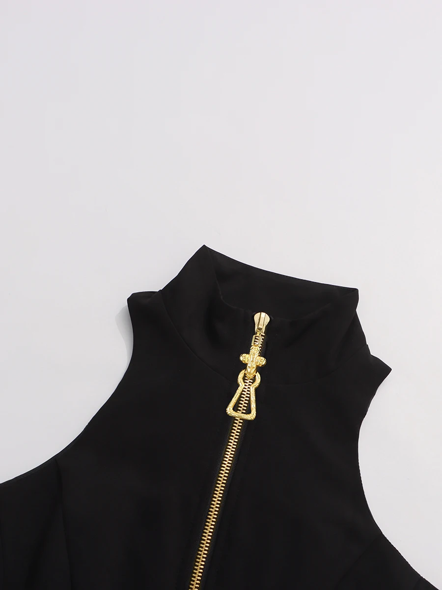 TWOTWINSTYLE Slimming Spliced Zipper Fashion Mini Dresses for Women High Neck Sleeveless High Waist Patchwork Folds Dress Female