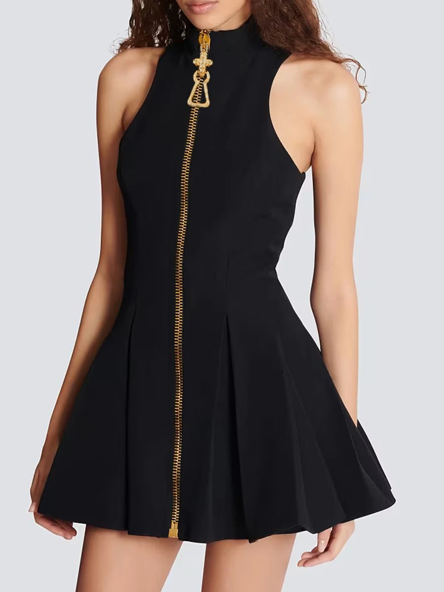 TWOTWINSTYLE Slimming Spliced Zipper Fashion Mini Dresses for Women High Neck Sleeveless High Waist Patchwork Folds Dress Female