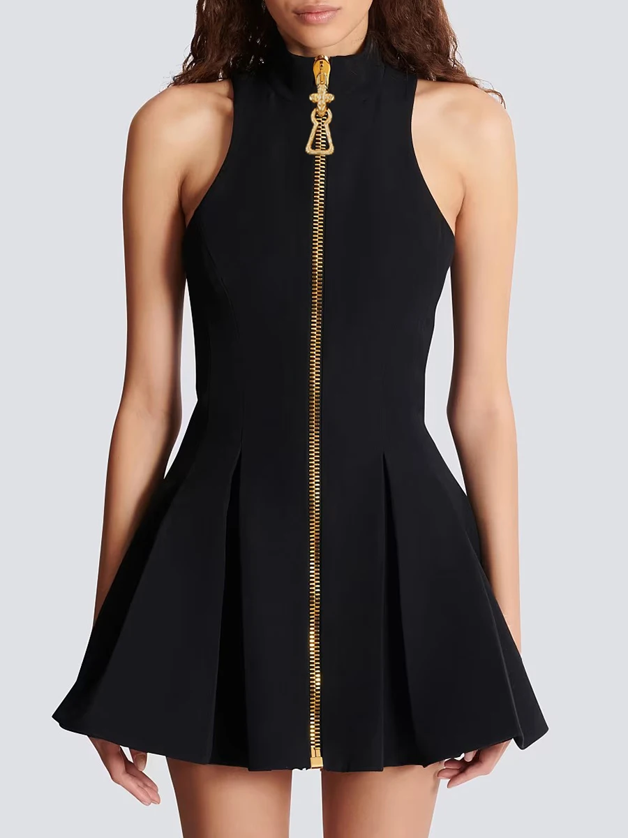 TWOTWINSTYLE Slimming Spliced Zipper Fashion Mini Dresses for Women High Neck Sleeveless High Waist Patchwork Folds Dress Female