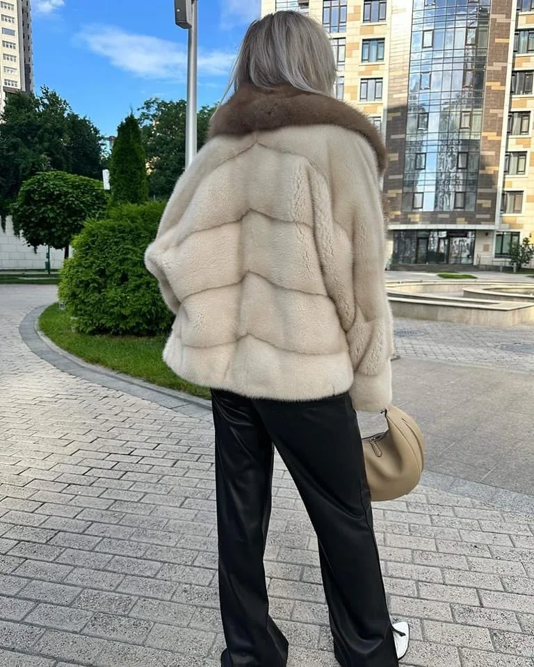 Mink Fur Jacket for Ladies, Real Mink Fur Coat, Purple Mink Fur Lapel, Warm Winter Fashion, Casual, New
