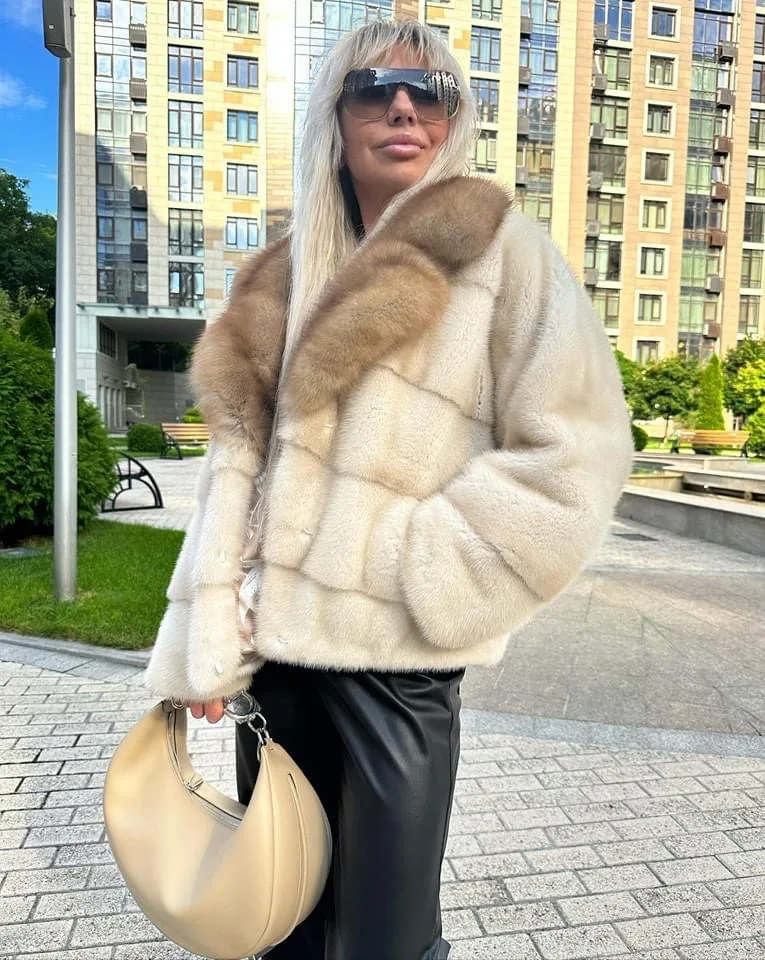 Mink Fur Jacket for Ladies, Real Mink Fur Coat, Purple Mink Fur Lapel, Warm Winter Fashion, Casual, New