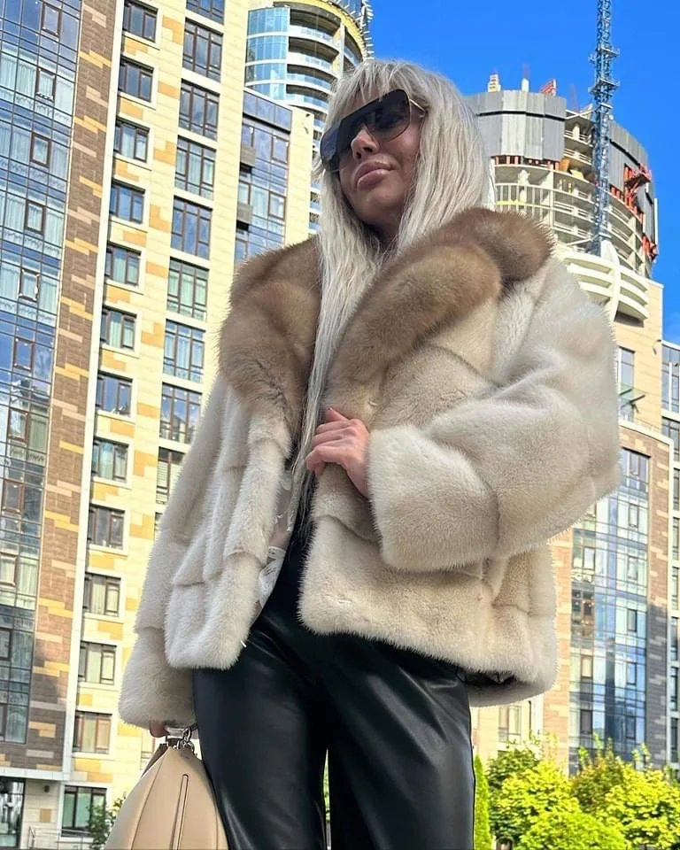 Mink Fur Jacket for Ladies, Real Mink Fur Coat, Purple Mink Fur Lapel, Warm Winter Fashion, Casual, New