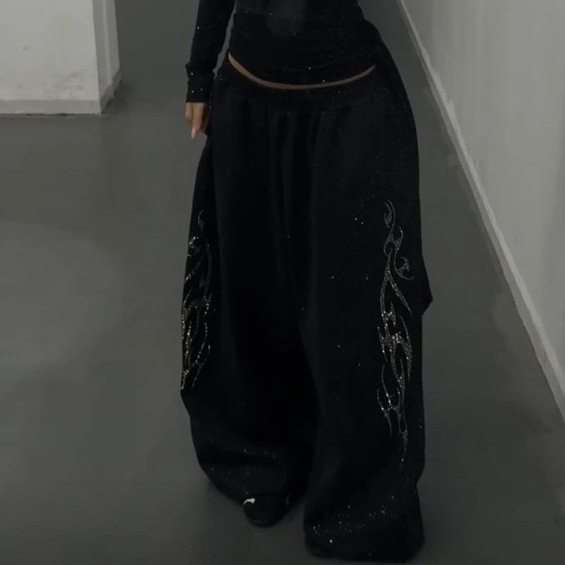 Y2K Black Diamond Sweatpants Women Harajuku Streetwear Baggy Joggers Fashion Wide Leg Pants Hip Hop Oversized Casual Trousers