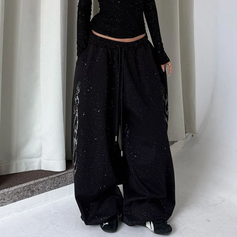 Y2K Black Diamond Sweatpants Women Harajuku Streetwear Baggy Joggers Fashion Wide Leg Pants Hip Hop Oversized Casual Trousers
