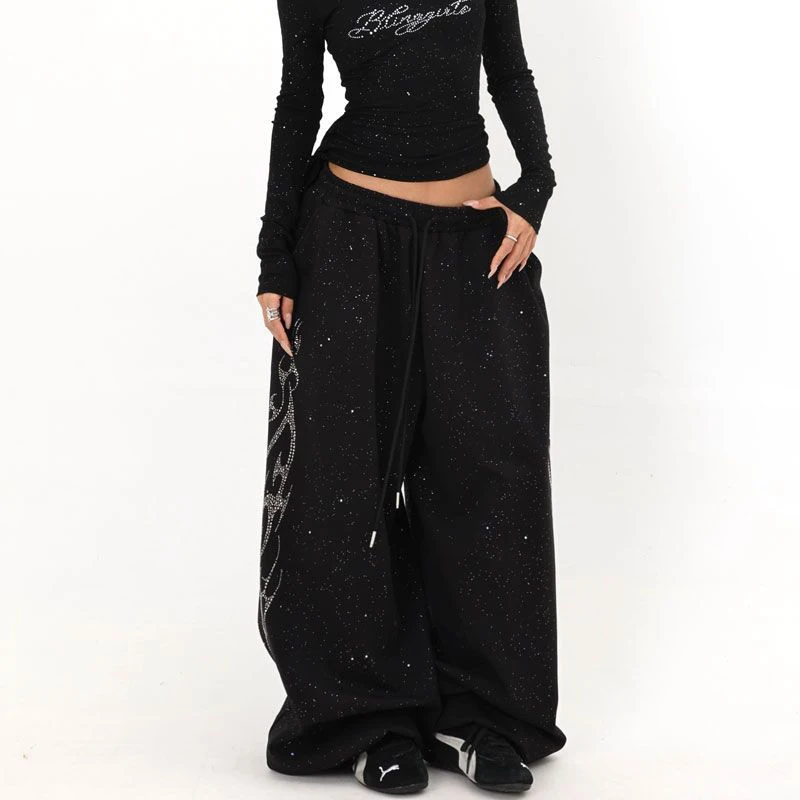 Y2K Black Diamond Sweatpants Women Harajuku Streetwear Baggy Joggers Fashion Wide Leg Pants Hip Hop Oversized Casual Trousers