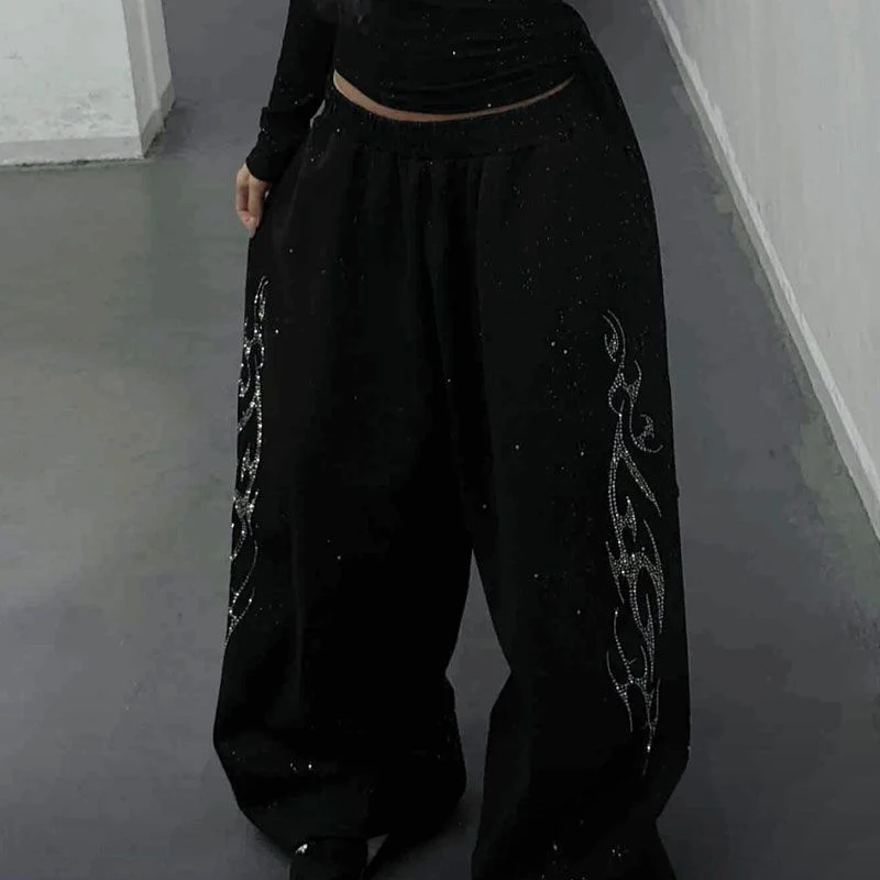 Y2K Black Diamond Sweatpants Women Harajuku Streetwear Baggy Joggers Fashion Wide Leg Pants Hip Hop Oversized Casual Trousers
