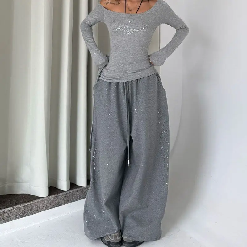 Y2K Black Diamond Sweatpants Women Harajuku Streetwear Baggy Joggers Fashion Wide Leg Pants Hip Hop Oversized Casual Trousers