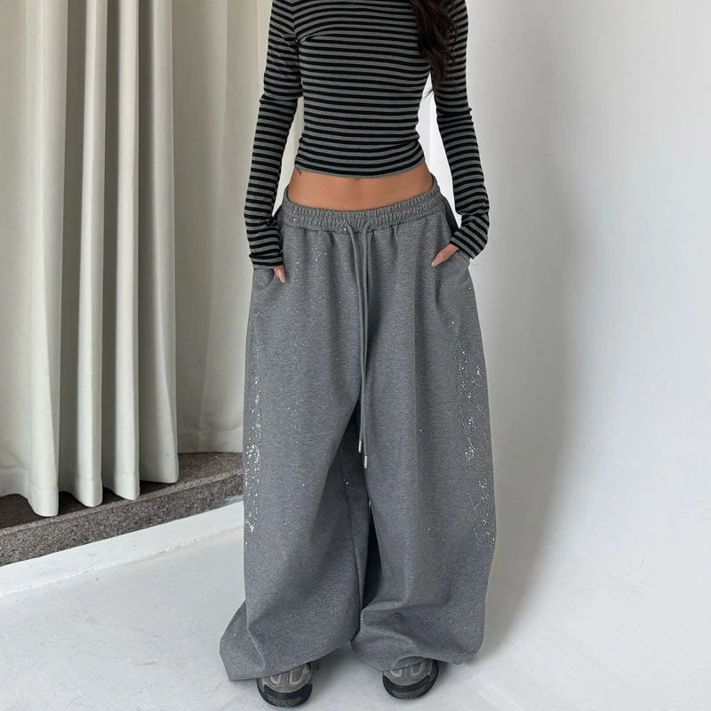 Y2K Black Diamond Sweatpants Women Harajuku Streetwear Baggy Joggers Fashion Wide Leg Pants Hip Hop Oversized Casual Trousers