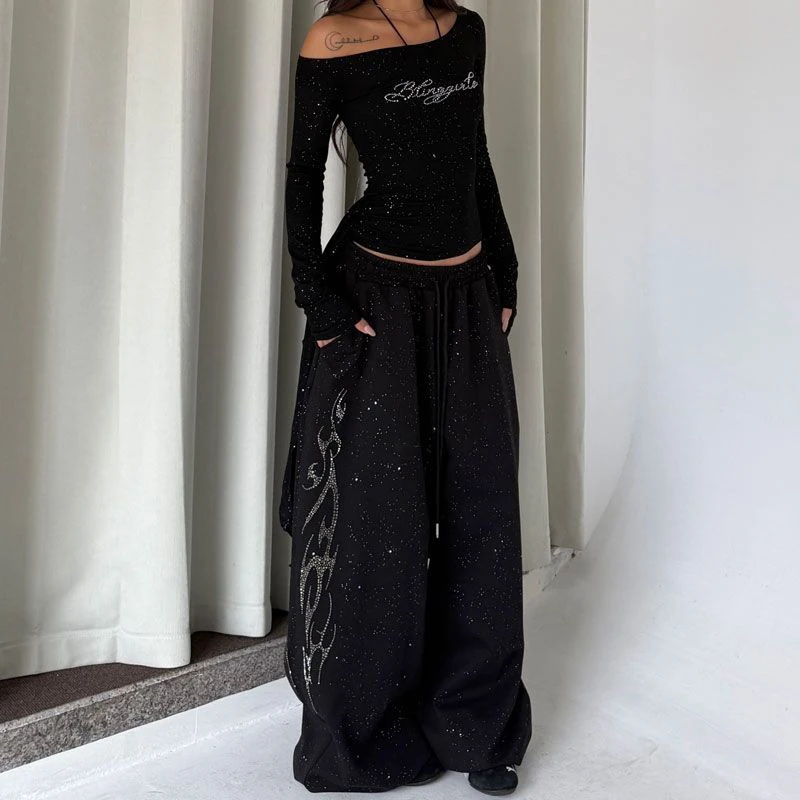 Y2K Black Diamond Sweatpants Women Harajuku Streetwear Baggy Joggers Fashion Wide Leg Pants Hip Hop Oversized Casual Trousers