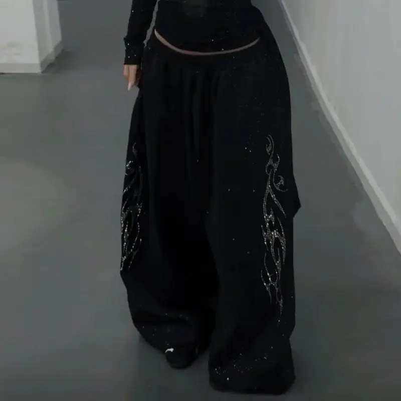 Y2K Black Diamond Sweatpants Women Harajuku Streetwear Baggy Joggers Fashion Wide Leg Pants Hip Hop Oversized Casual Trousers