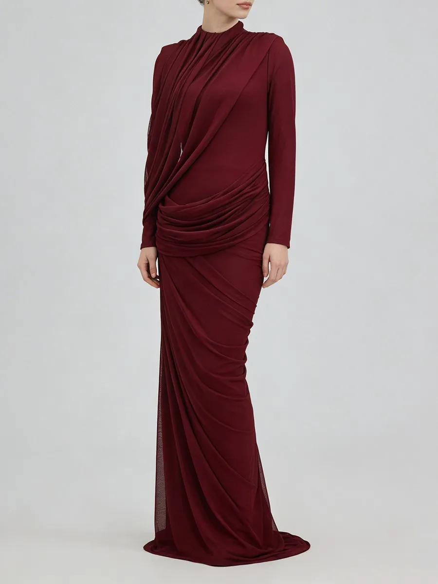 TWOTWINSTYLE Fashion Slimming Spliced Shirring Design Sense Dresses for Women Stand Neck Long Sleeves Irregular Dress Female New