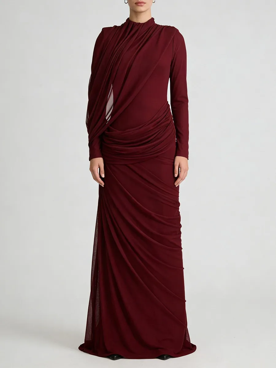 TWOTWINSTYLE Fashion Slimming Spliced Shirring Design Sense Dresses for Women Stand Neck Long Sleeves Irregular Dress Female New