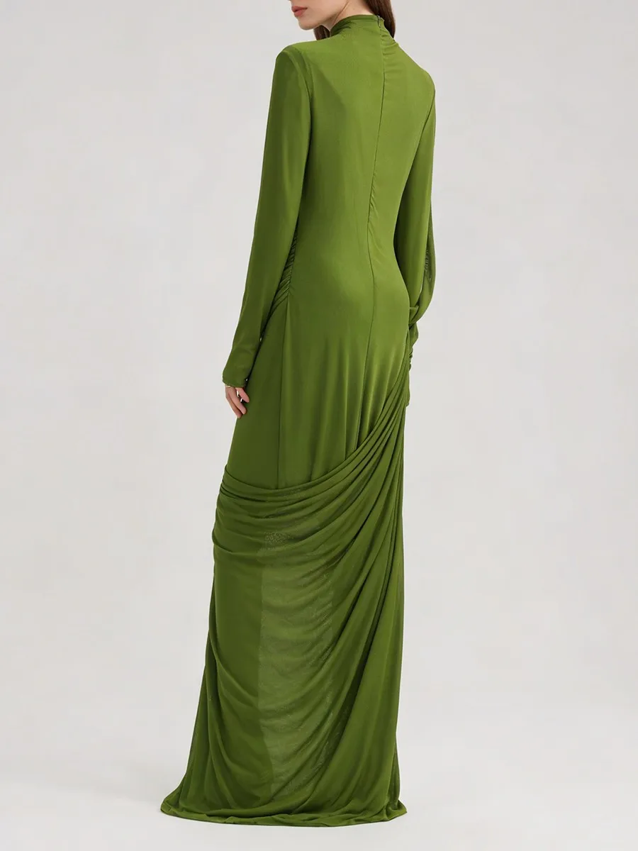 TWOTWINSTYLE Fashion Slimming Spliced Shirring Design Sense Dresses for Women Stand Neck Long Sleeves Irregular Dress Female New