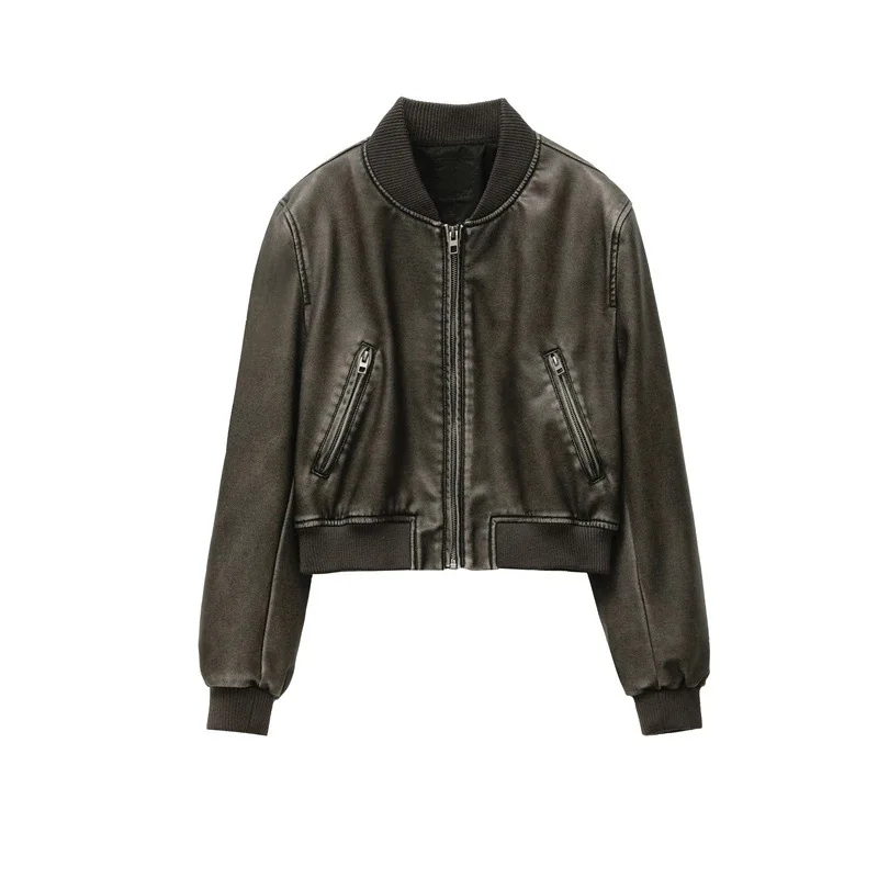 2025 Women's new vintage imitation leather bomber jacket coat top women's style
