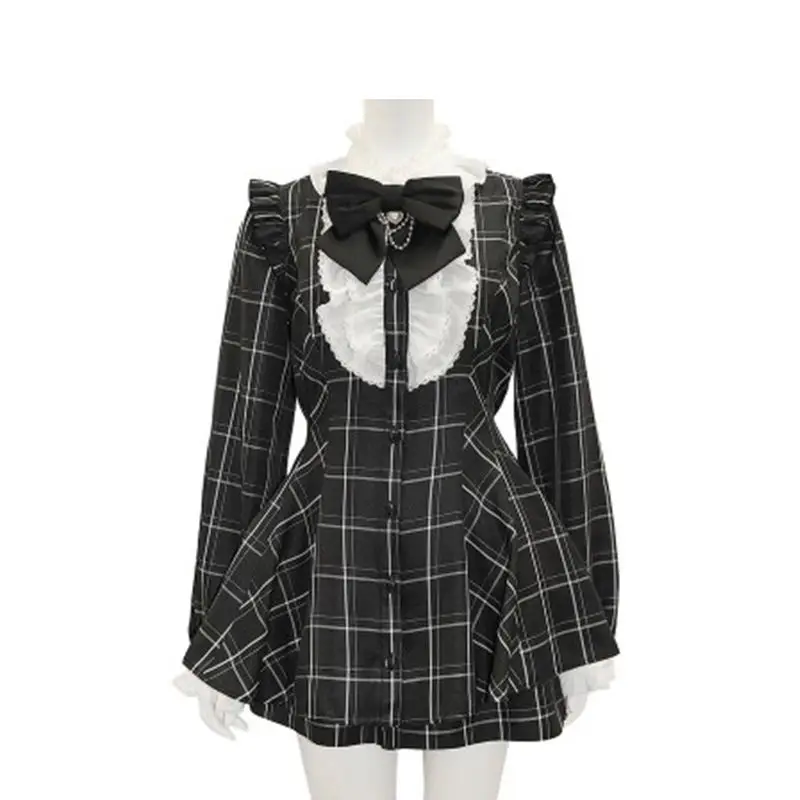 Japanese Style Gothic Y2k Lolita Plaid Rhinestone Bow Dress Shorts Set Sweet Women Puff Short Sleeve Button Shirt Party Dresses
