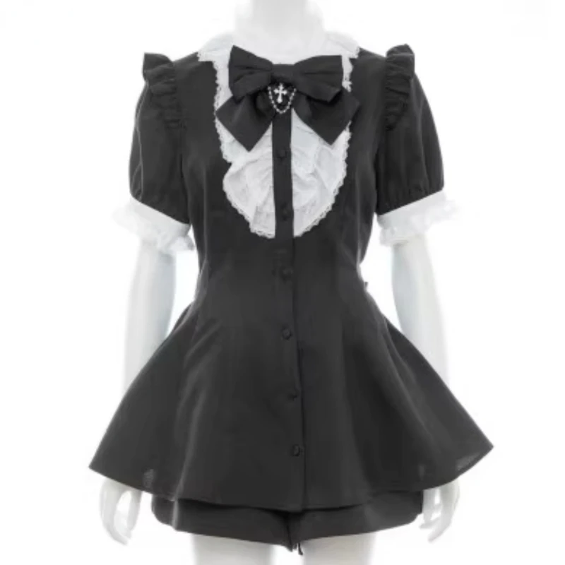 Japanese Style Gothic Y2k Lolita Plaid Rhinestone Bow Dress Shorts Set Sweet Women Puff Short Sleeve Button Shirt Party Dresses