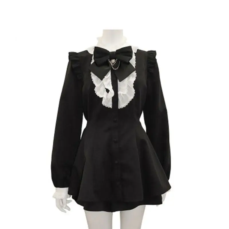 Japanese Style Gothic Y2k Lolita Plaid Rhinestone Bow Dress Shorts Set Sweet Women Puff Short Sleeve Button Shirt Party Dresses
