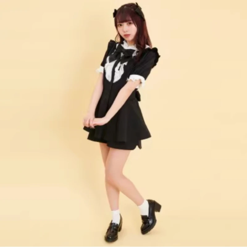 Japanese Style Gothic Y2k Lolita Plaid Rhinestone Bow Dress Shorts Set Sweet Women Puff Short Sleeve Button Shirt Party Dresses