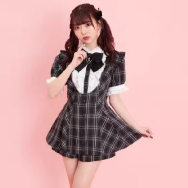 Japanese Style Gothic Y2k Lolita Plaid Rhinestone Bow Dress Shorts Set Sweet Women Puff Short Sleeve Button Shirt Party Dresses