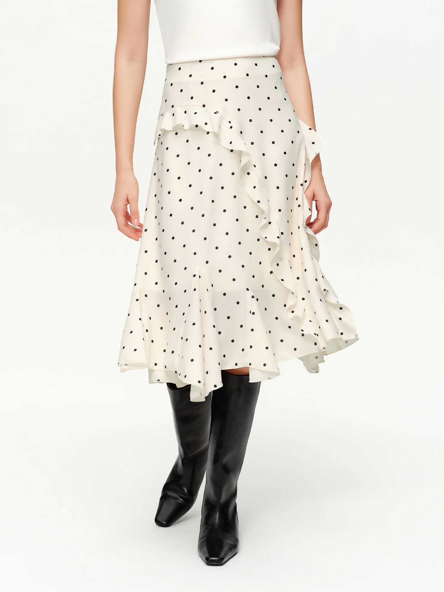 DUSHU Irregular Ruffle Polka Dot Midi Skirt New Spring High-waisted A-line Skirt for Commuting Knee-length Trendy Korean Style