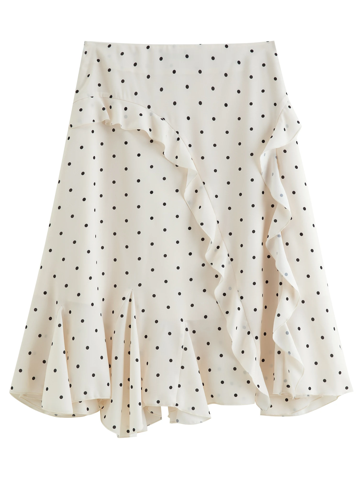 DUSHU Irregular Ruffle Polka Dot Midi Skirt New Spring High-waisted A-line Skirt for Commuting Knee-length Trendy Korean Style