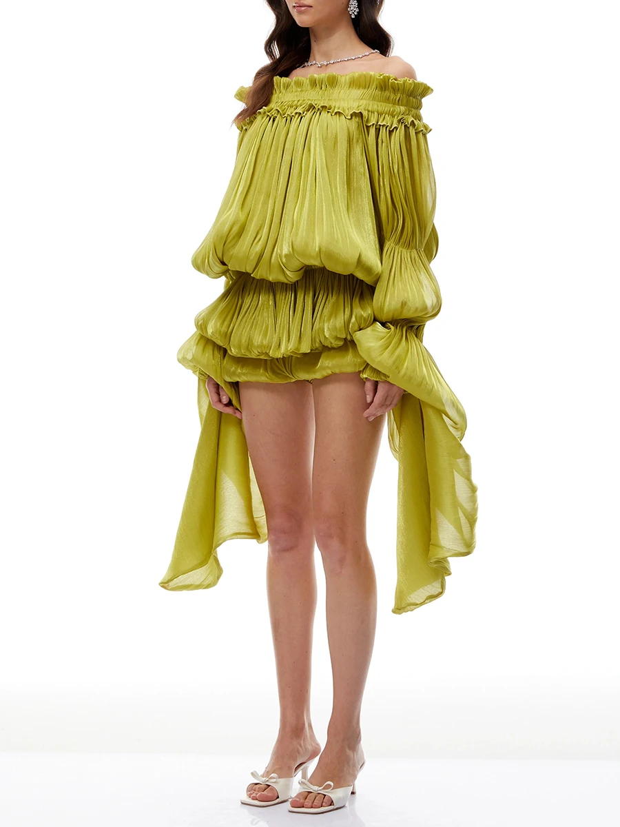 TWOTWINSTYLE Fashion Spliced Folds Glowing Yarn Dresses for Women Slash Neck Long Sleeves Patchwork Shorts Mini Dress Female New