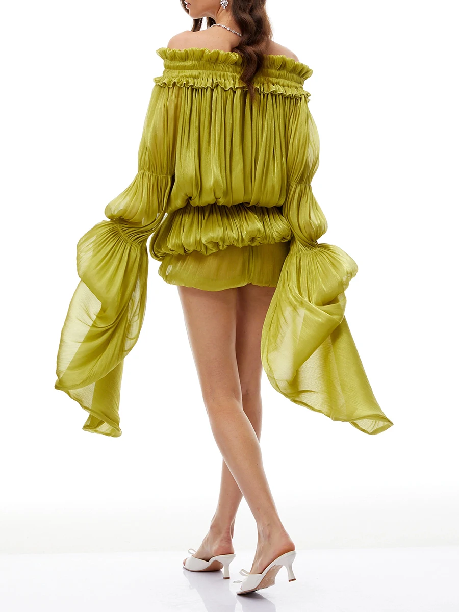 TWOTWINSTYLE Fashion Spliced Folds Glowing Yarn Dresses for Women Slash Neck Long Sleeves Patchwork Shorts Mini Dress Female New