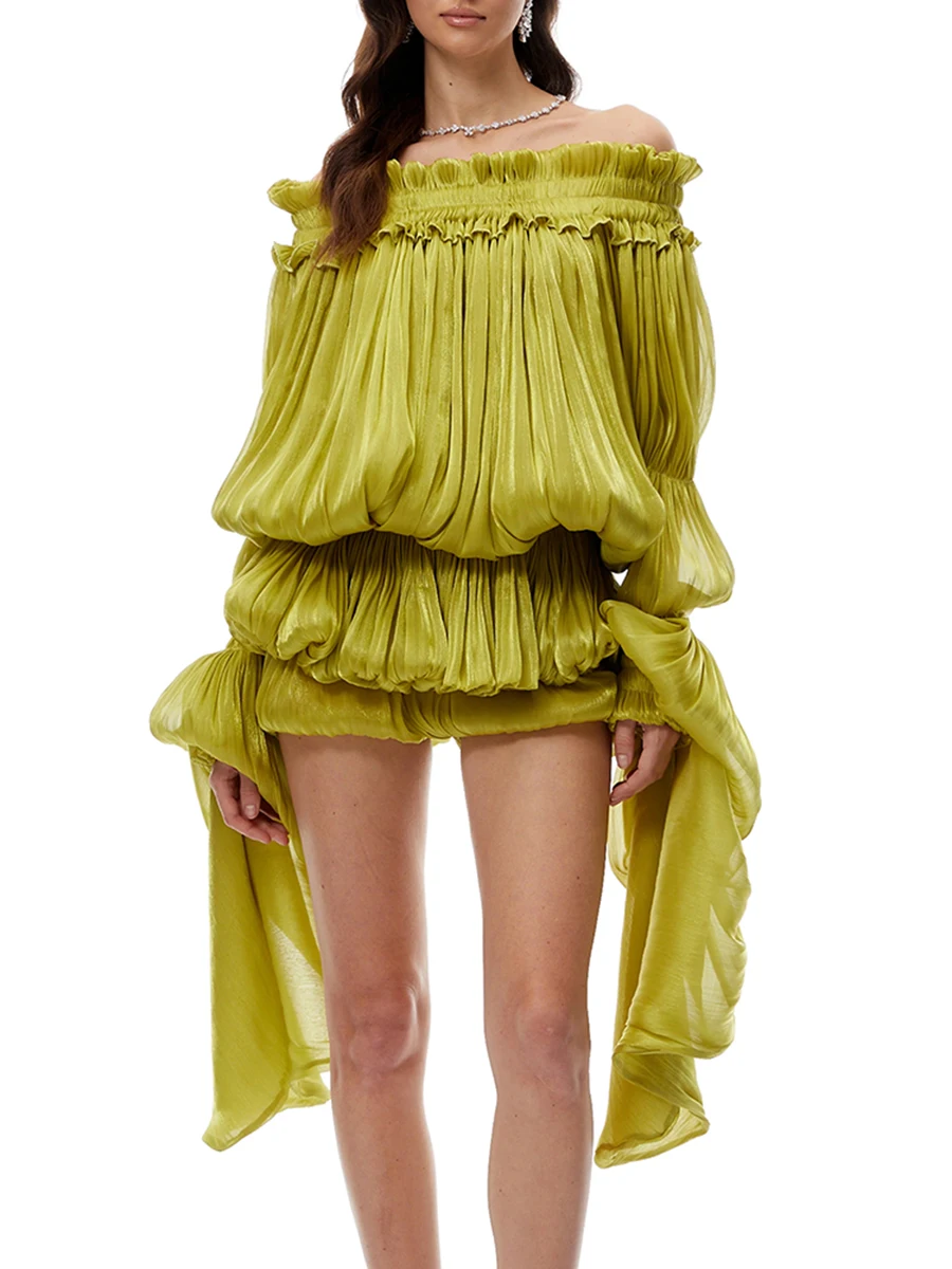 TWOTWINSTYLE Fashion Spliced Folds Glowing Yarn Dresses for Women Slash Neck Long Sleeves Patchwork Shorts Mini Dress Female New