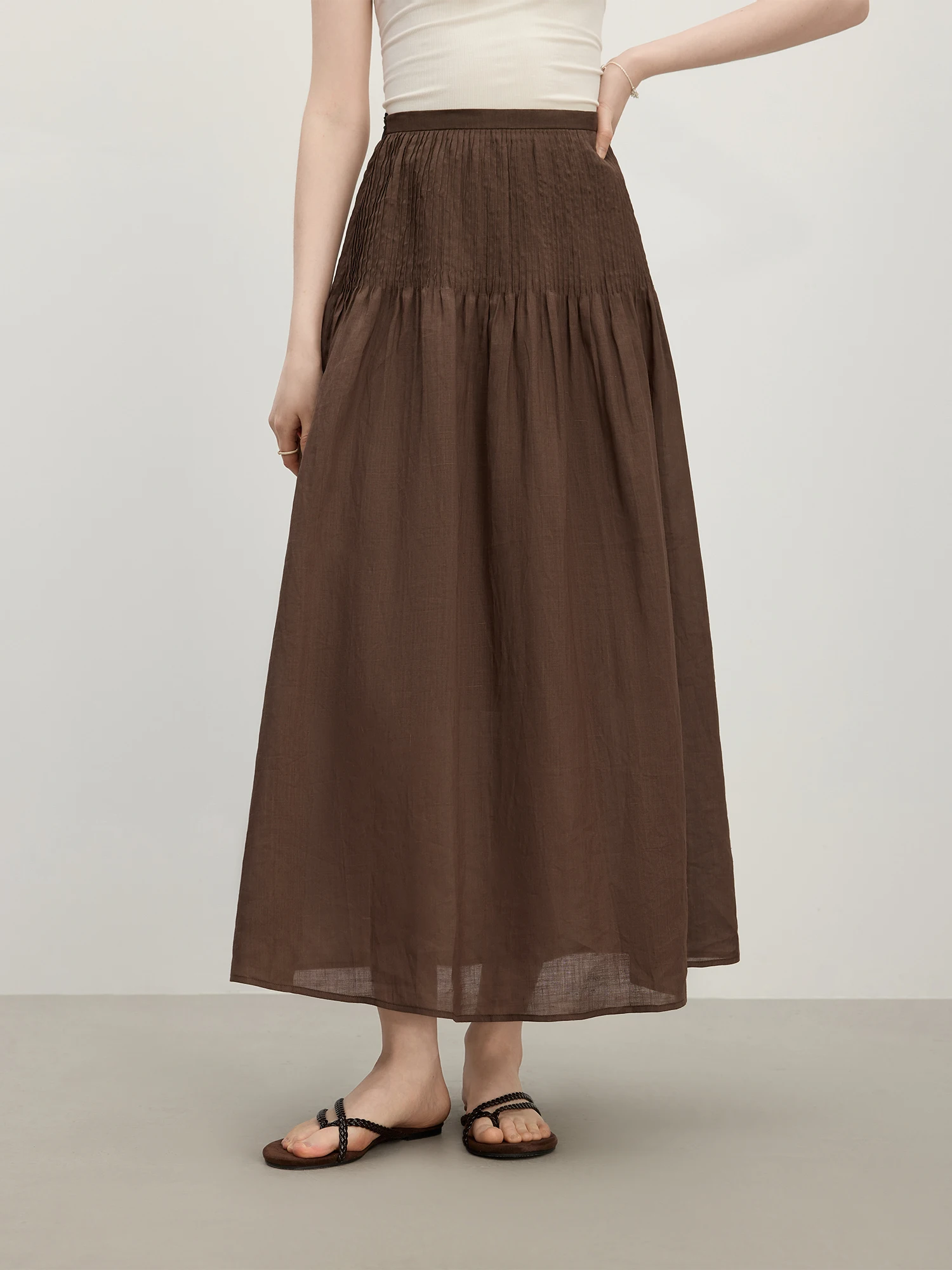 FSLE 2025 Summer Women's Structured Tuck High Waist A-Line Skirt - Flared Hem & Lightweight Fabric for Slimming Elegance