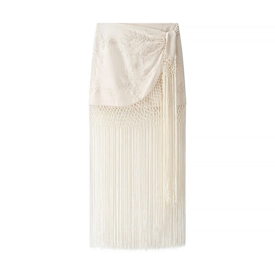 HH Women's Summer Fashion Embroidered Sexy Tassel Spliced Skirt Female High Waist Bottoms Lace Knot Asymmetrical Midi Skirt