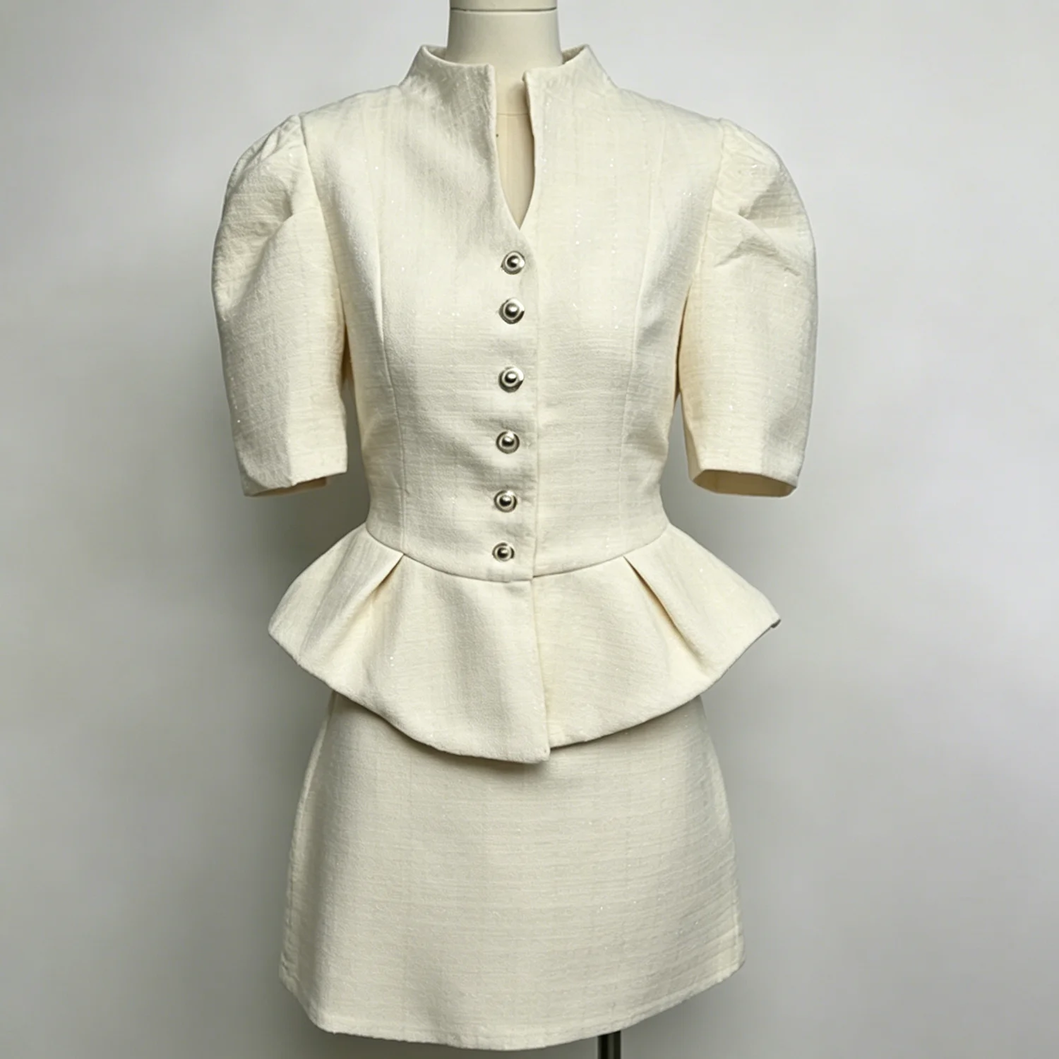 LIMO 2026 New Arrival Pink Tweed 2 Piece Outfit, Women's Elegant Peplum Top with Mini Skirt, Puff Sleeve Formal Suit