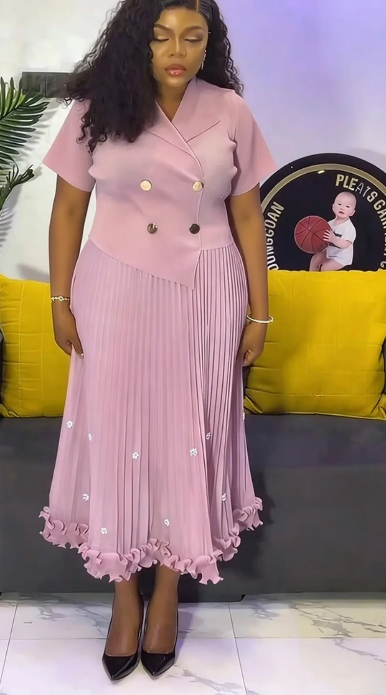 EGRM New Miyaki Pleated Long Dress Short Sleeved Summer Hot Sale Women's Double Breasted Waist Cinching Slimming Versatile Skirt