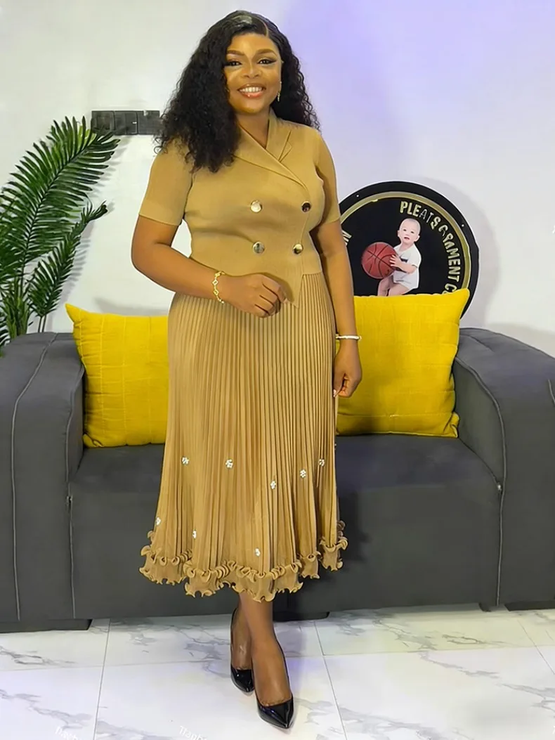 EGRM New Miyaki Pleated Long Dress Short Sleeved Summer Hot Sale Women's Double Breasted Waist Cinching Slimming Versatile Skirt