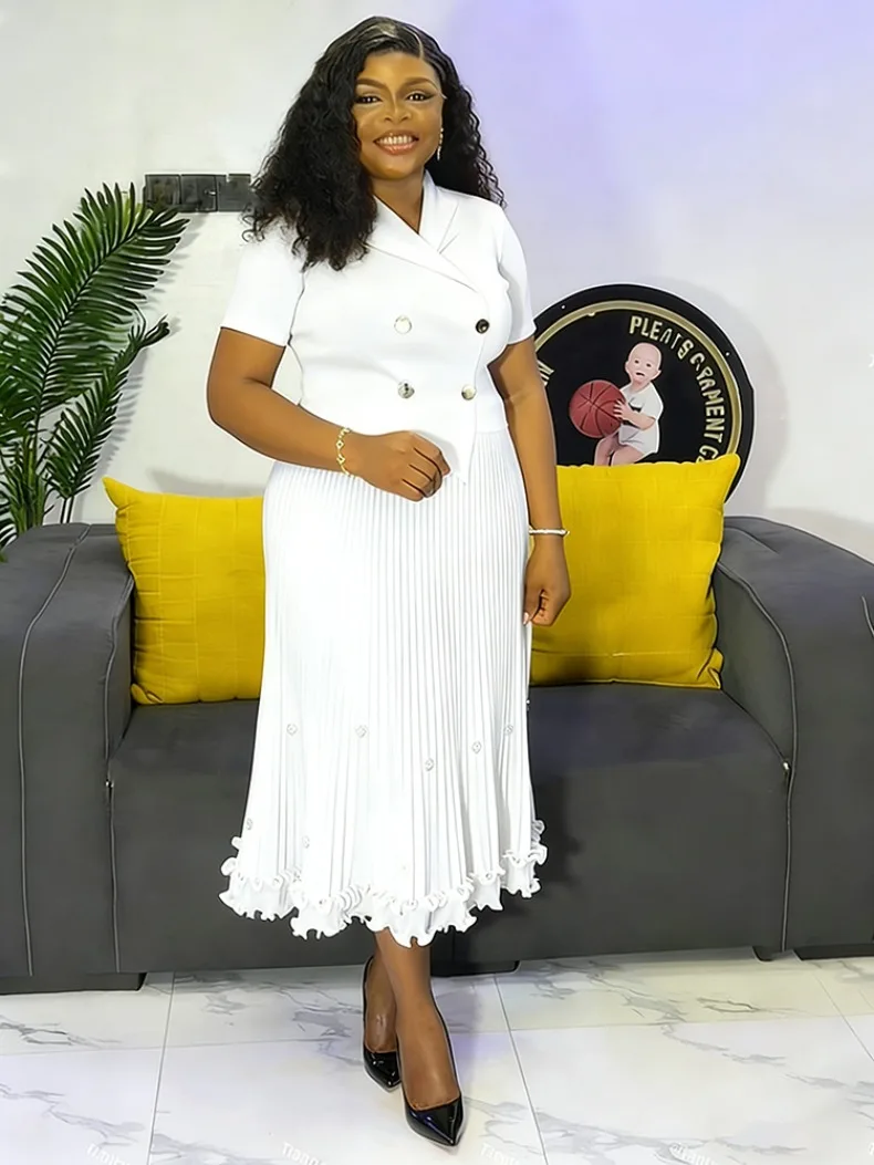EGRM New Miyaki Pleated Long Dress Short Sleeved Summer Hot Sale Women's Double Breasted Waist Cinching Slimming Versatile Skirt