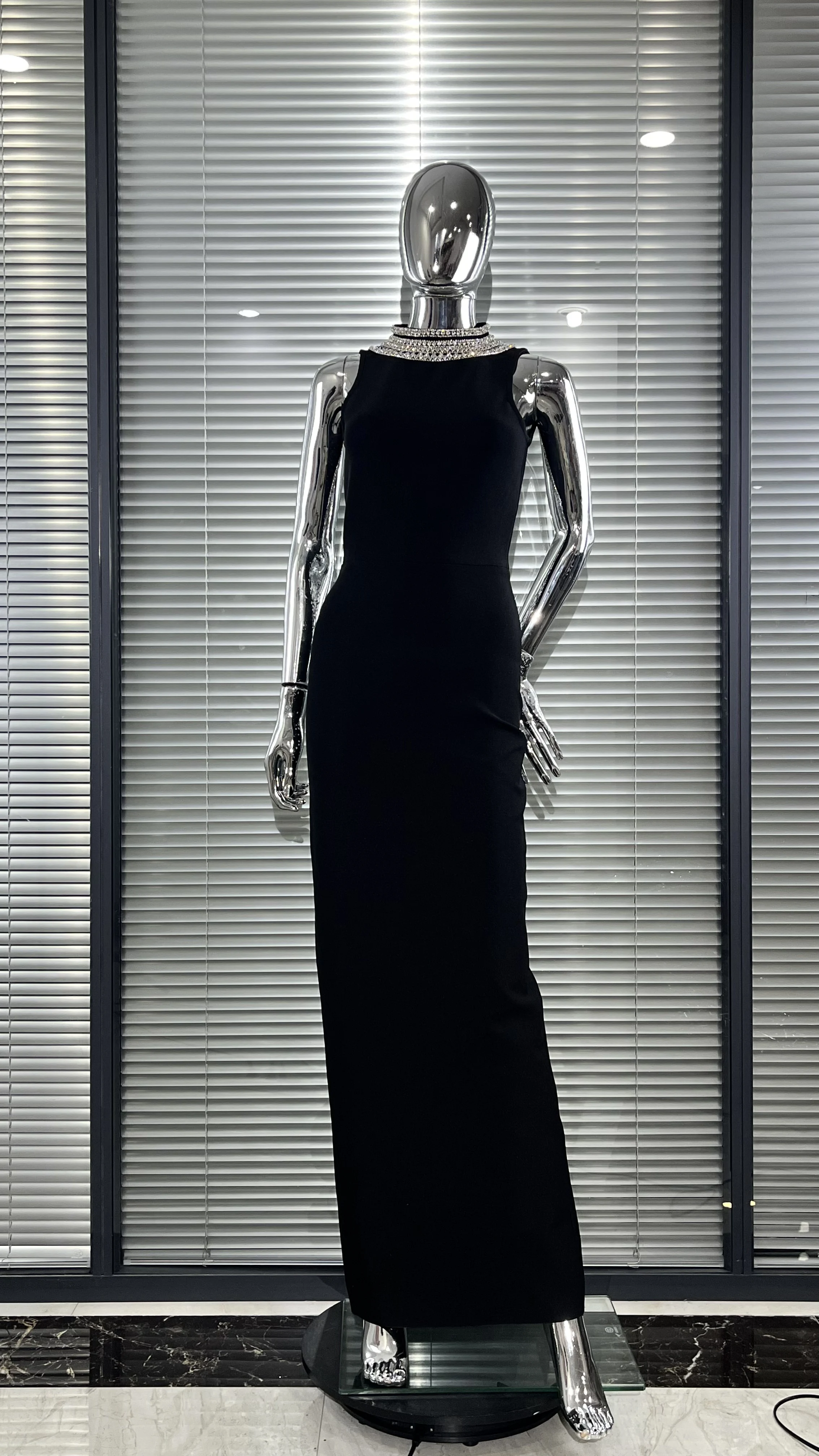 Customization Stylish Backless Sparkling Diamond Long Sleeve Black Dress