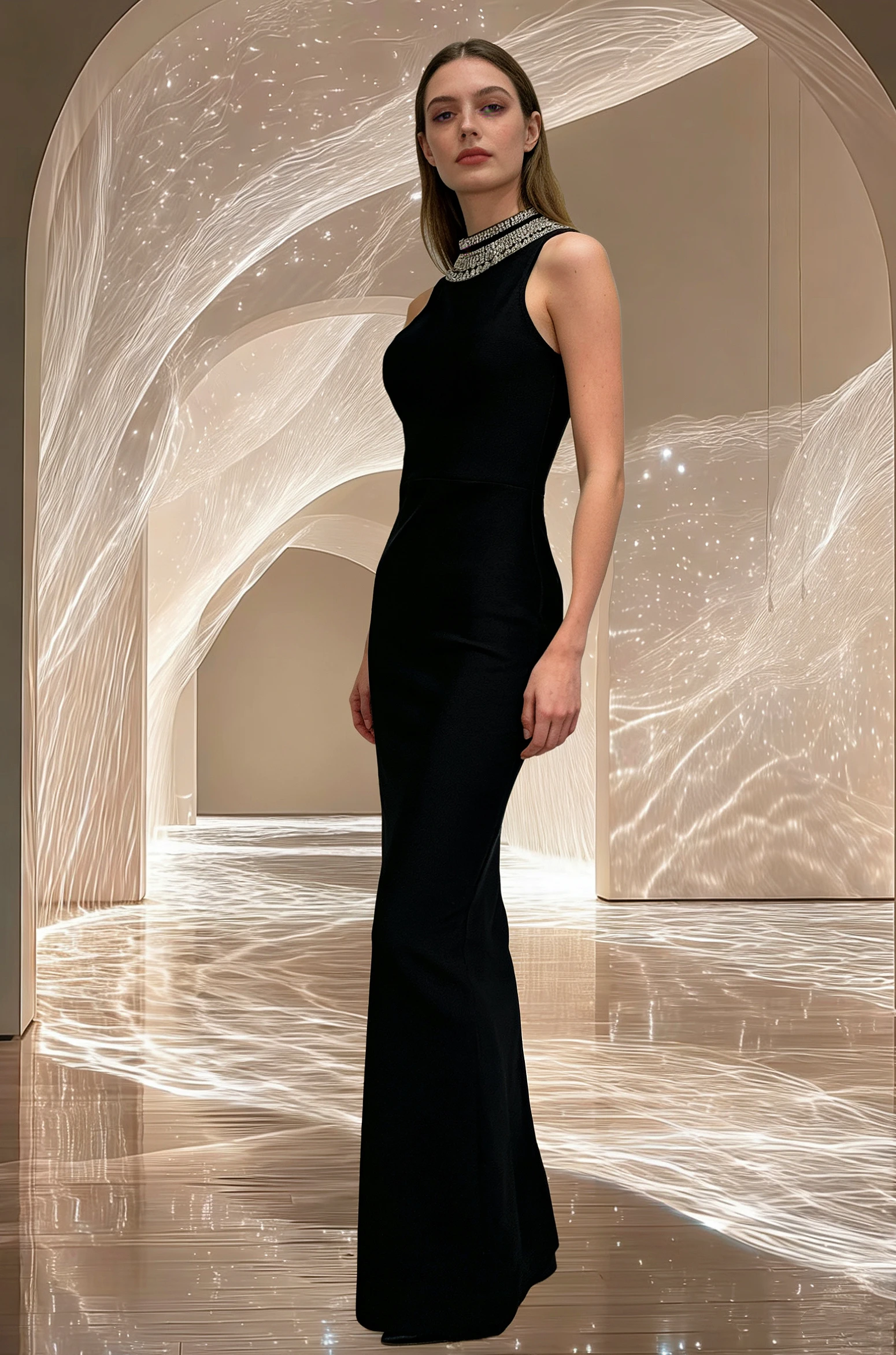 Customization Stylish Backless Sparkling Diamond Long Sleeve Black Dress