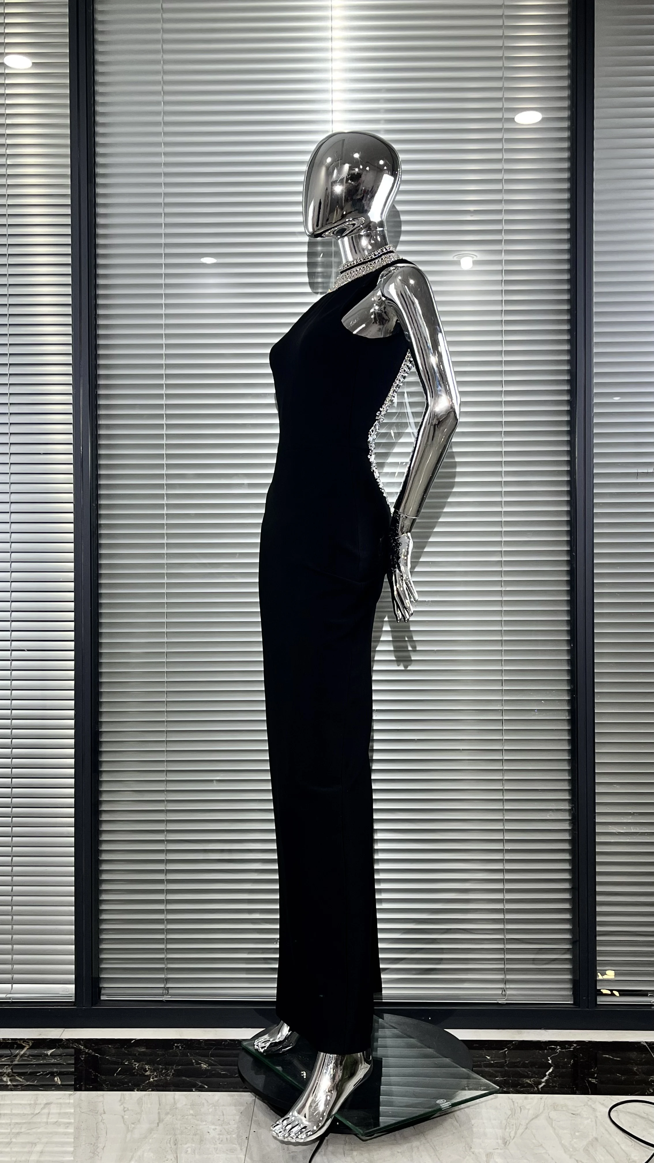Customization Stylish Backless Sparkling Diamond Long Sleeve Black Dress