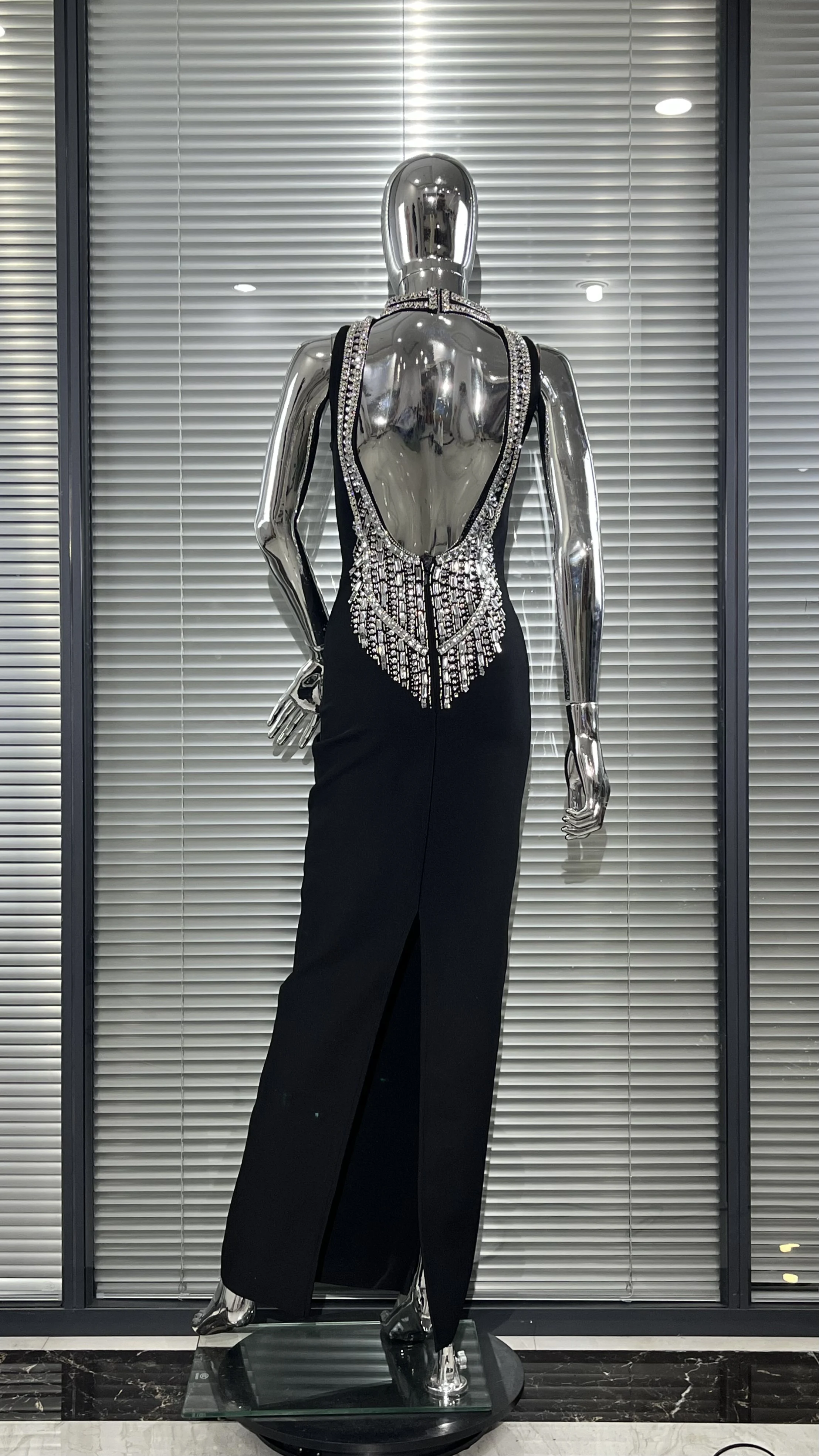 Customization Stylish Backless Sparkling Diamond Long Sleeve Black Dress