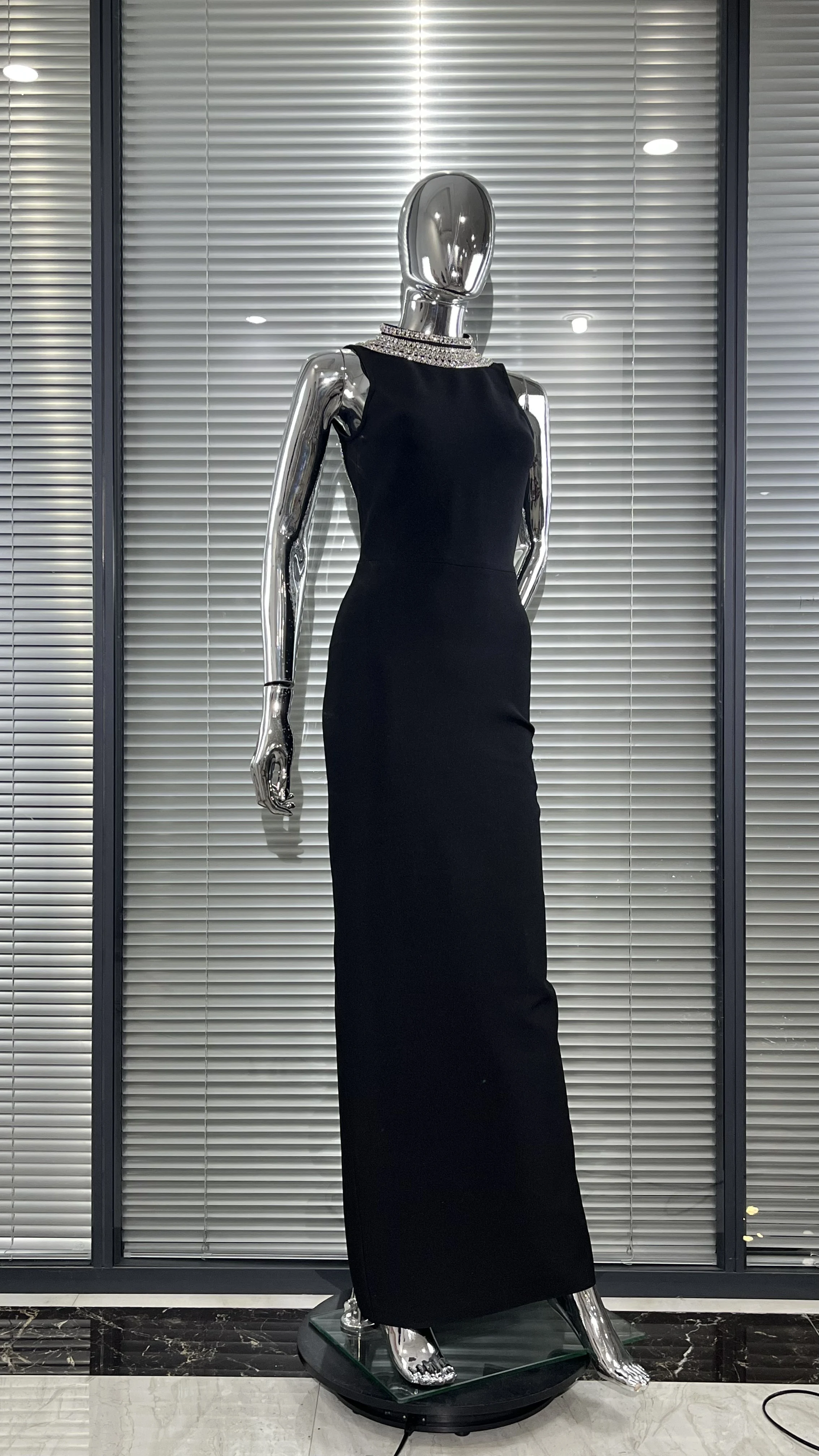 Customization Stylish Backless Sparkling Diamond Long Sleeve Black Dress
