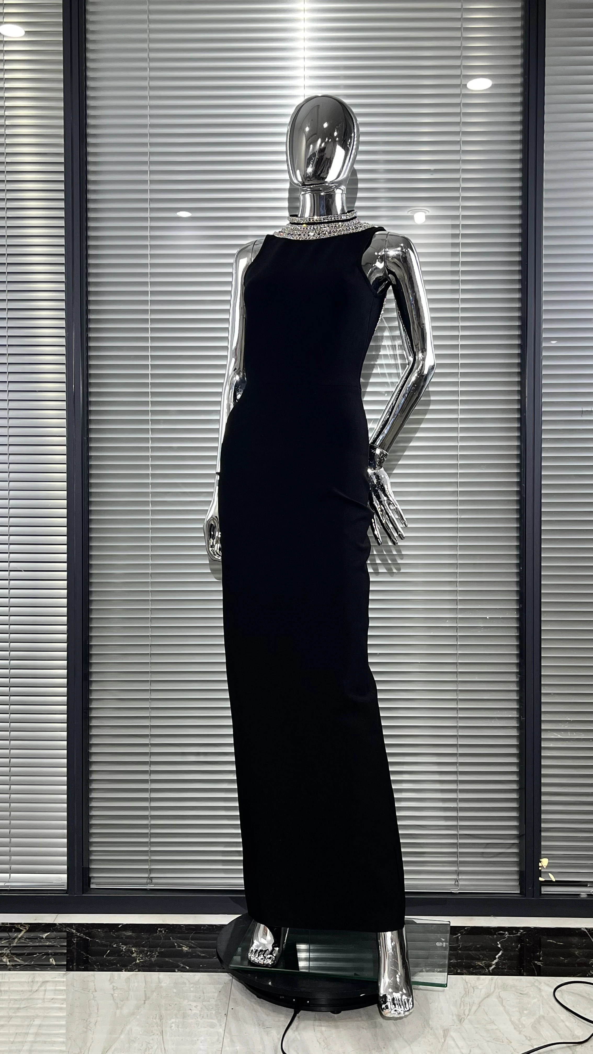 Customization Stylish Backless Sparkling Diamond Long Sleeve Black Dress