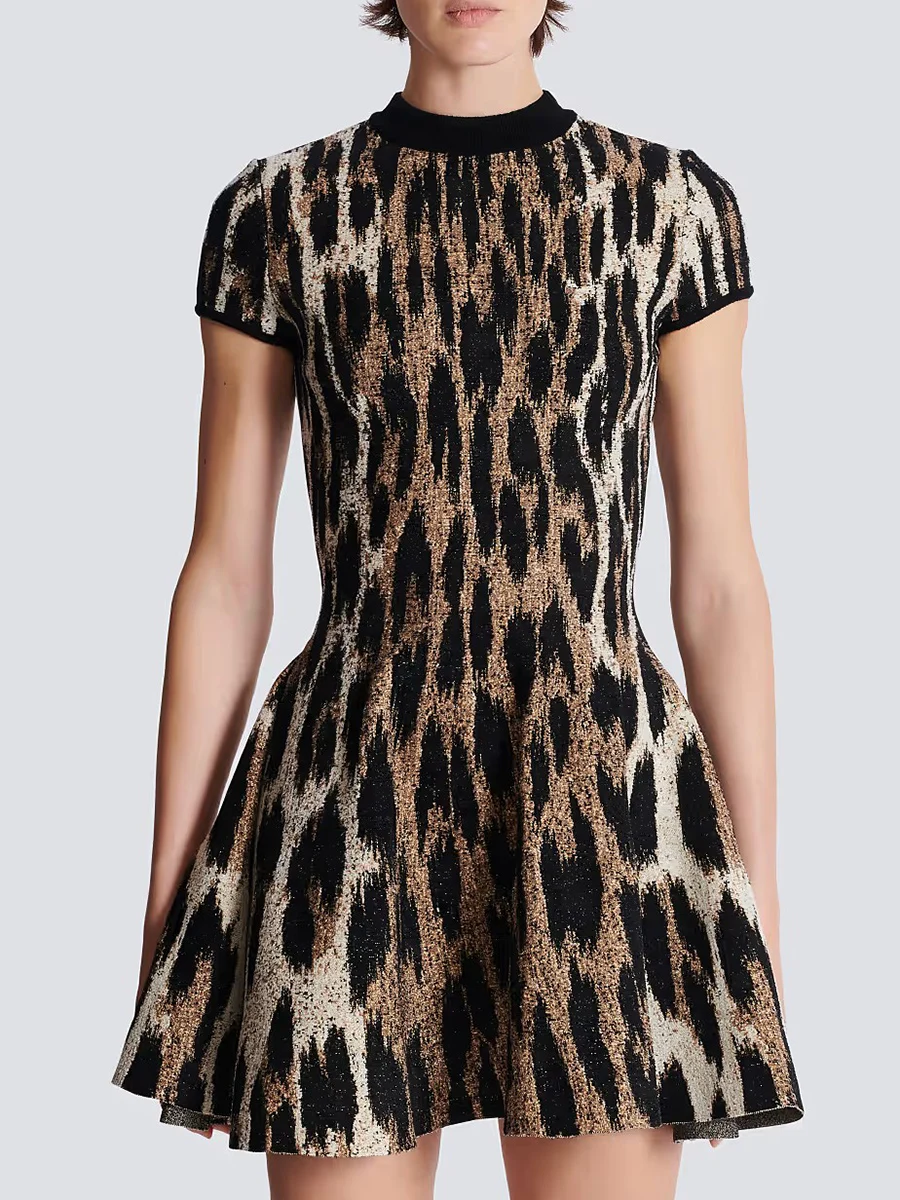 TWOTWINSTYLE Leopard Slimming Fashion Dresses for Women Round Neck Short Sleeves High Waist Casual Mini Dress Female Clothing