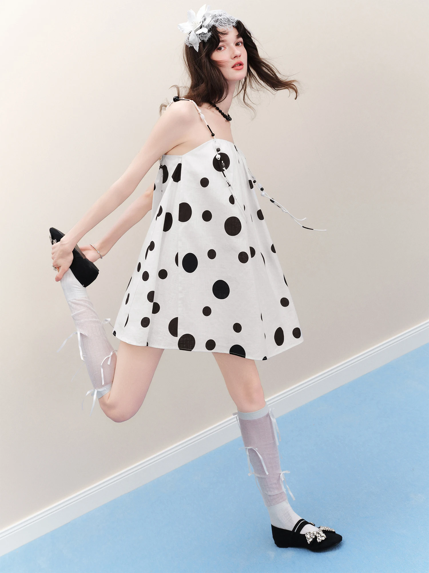 FSLE【L'amour Series】Summer Women's French Style Blend Polka Dot Slip Dress with Beaded Detail Beach Vacations Summer Vibes Dress
