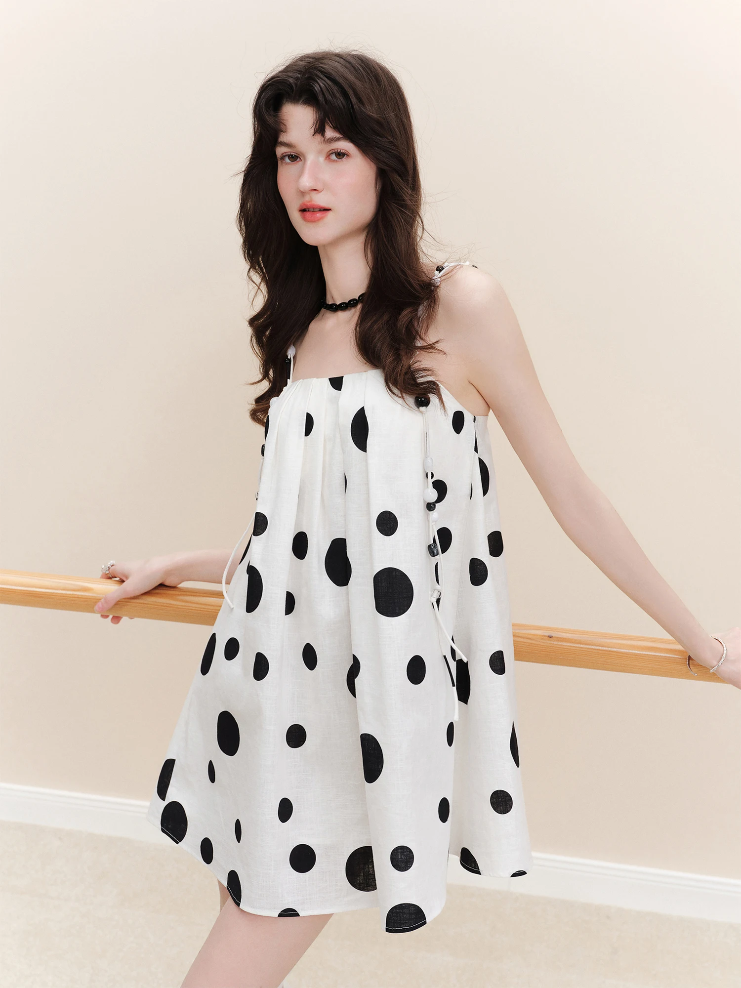 FSLE【L'amour Series】Summer Women's French Style Blend Polka Dot Slip Dress with Beaded Detail Beach Vacations Summer Vibes Dress