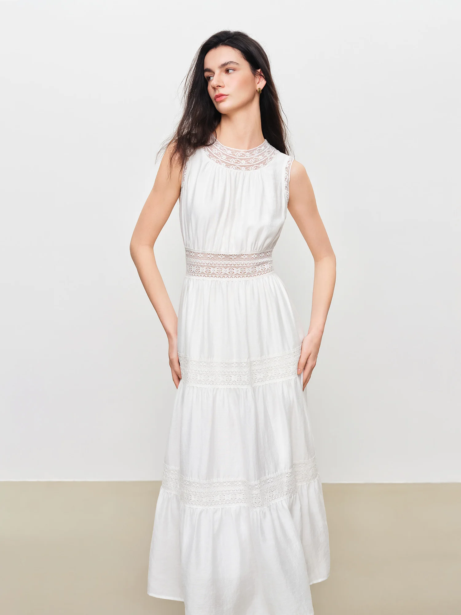 ZIQIAO 2026 Summer Women's Acetate and Lace Overlay Tiered Dress - Sleeveless Elegant for Resort and Special Events