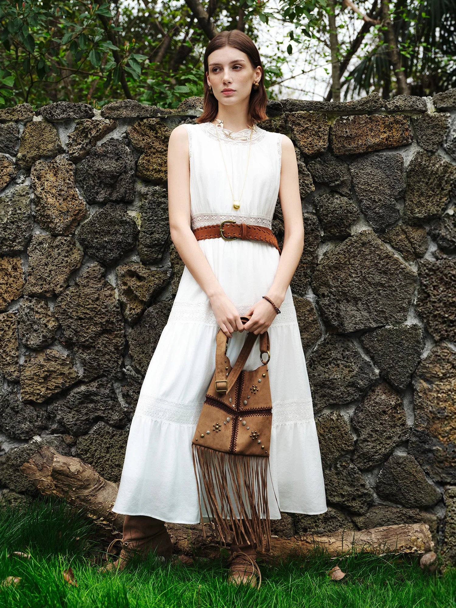 ZIQIAO 2026 Summer Women's Acetate and Lace Overlay Tiered Dress - Sleeveless Elegant for Resort and Special Events